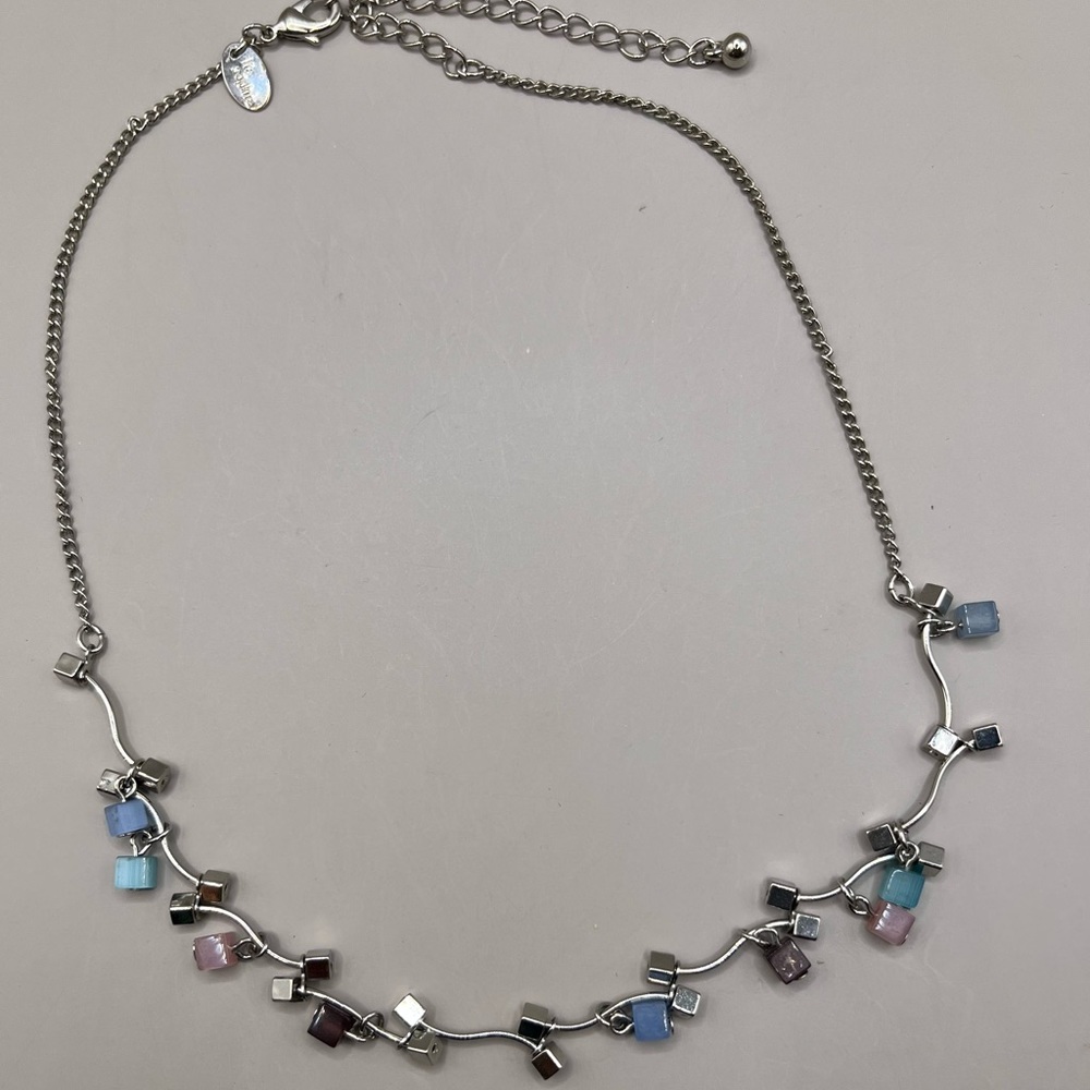 Lia Sophia Blue, Pink, Purple Cube, Silver tone Necklace, 13-1/2”-16-1/2”